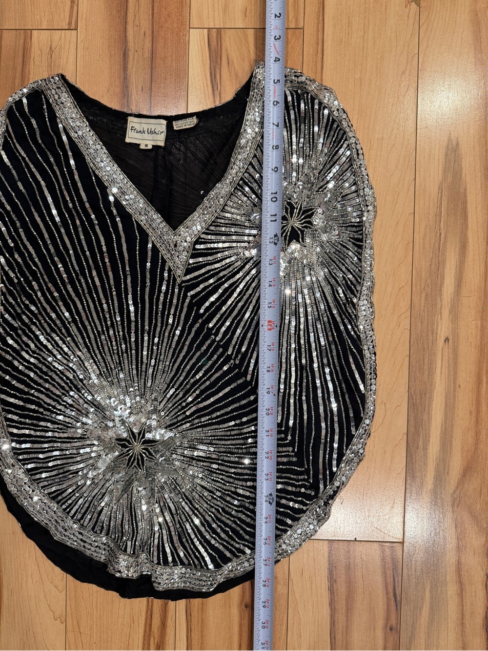 Frank Usher Art Deco Sequin Beaded Top Silver Sequin & Beads 100% Black Silk S - Picture 15 of 15